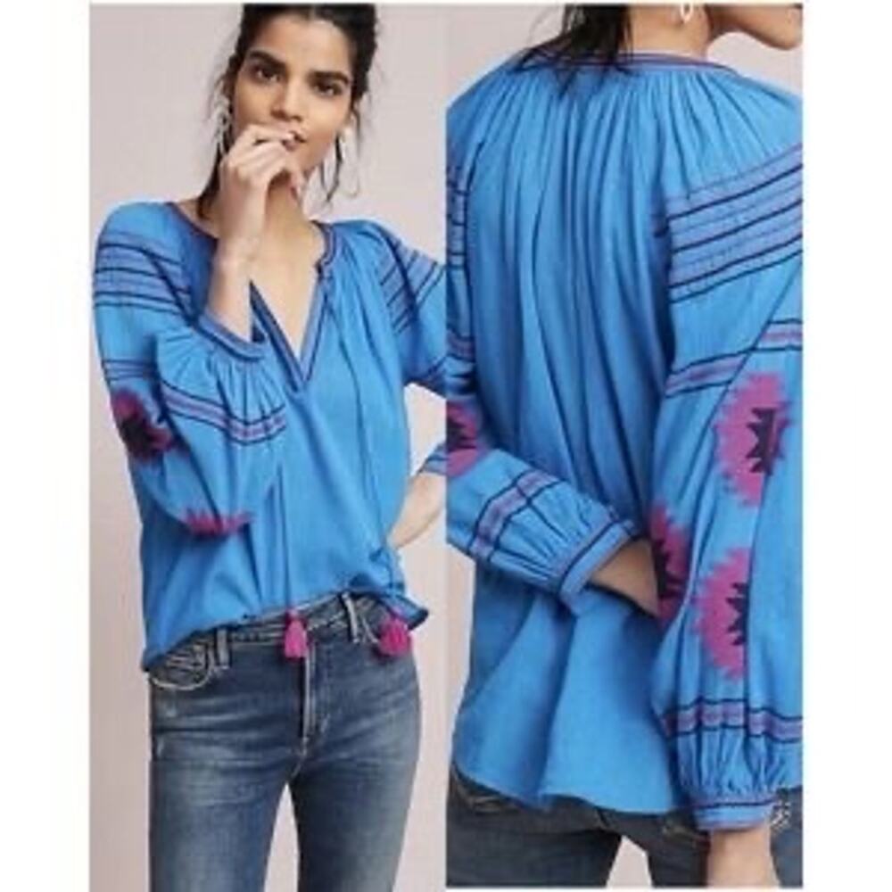 Anthropologie Maeve Runaway Embroidered Peasant Top features embroidery